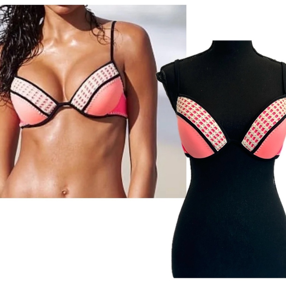 Victoria’s Secret peach neon hot pink colour block crochet sexy bikini top 34D